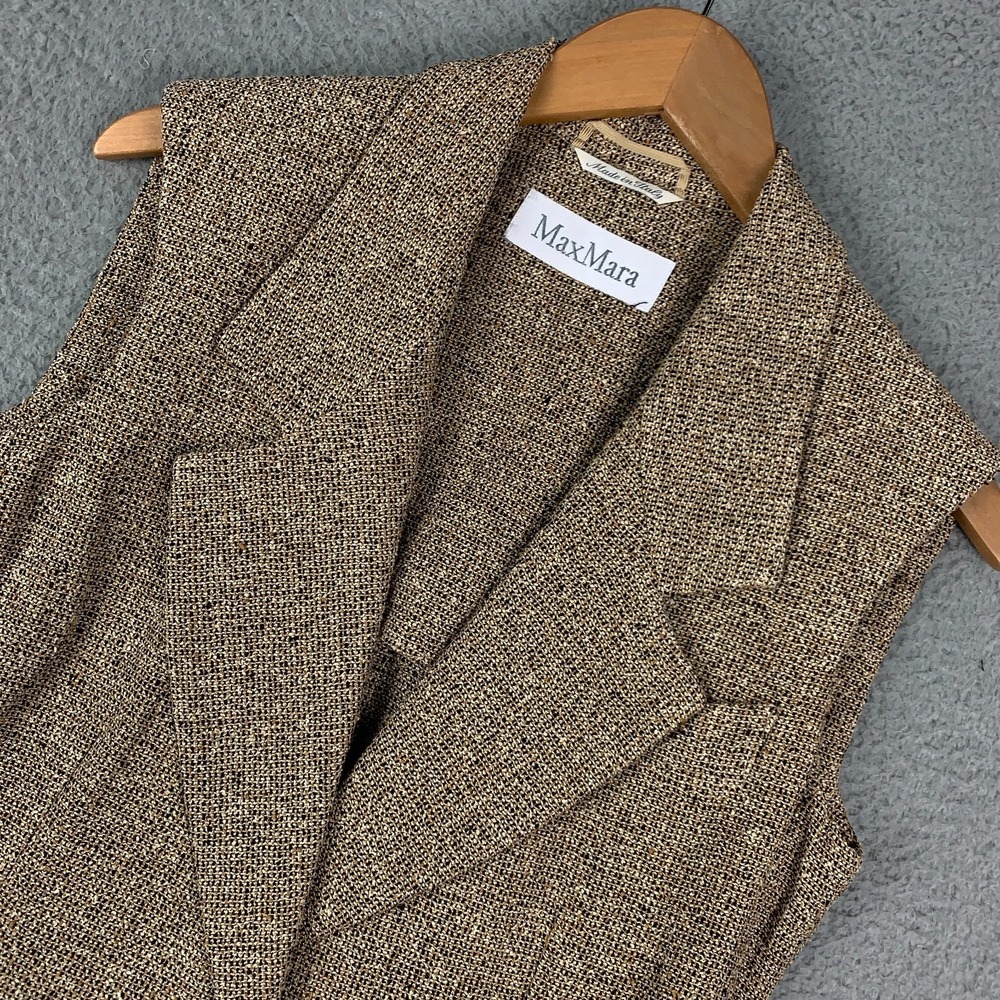 MaxMara Long Tweed Vest Women's 6 Tan Sleeveless Single Button Linen Blend Italy - Picture 3 of 11